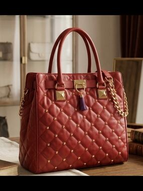 Michael Kors Quilted Red Leather Top-Handle Tote with Gold Hardware